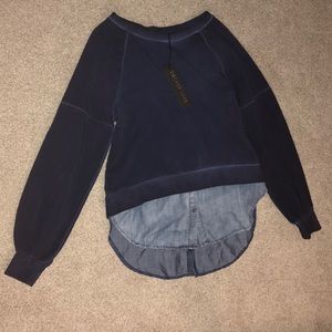 pullover sweatshirt with denim looking button up.